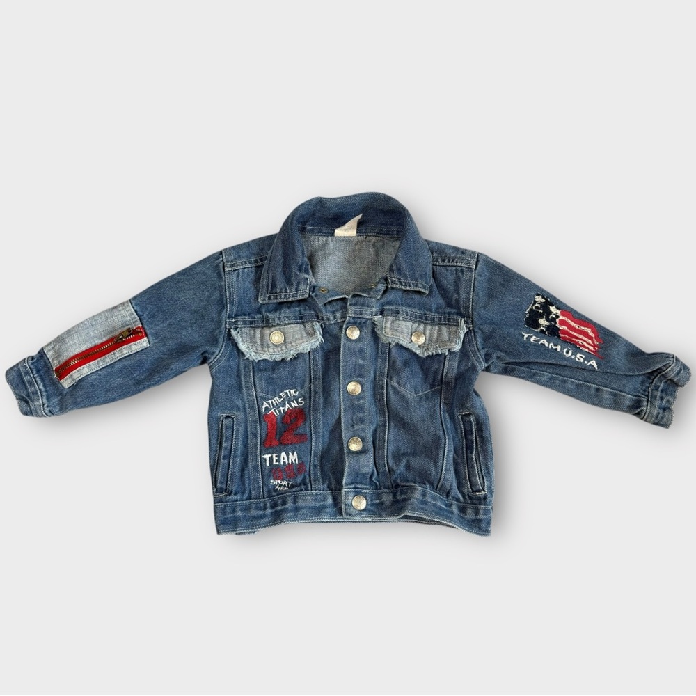 VINTAGE Toddler Denim Jean Jacket 12-24mo Boyz Wear TEAM USA Patriotic America‎